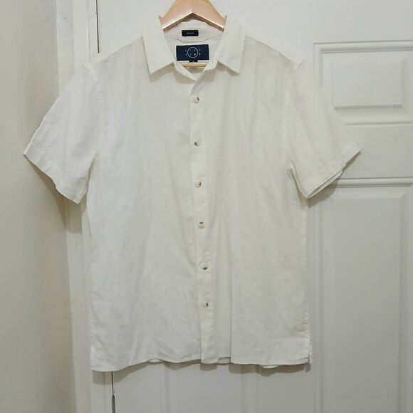 Even tide mens medium hemp cotton white shortsleeve casual button down shirt - Picture 1 of 5